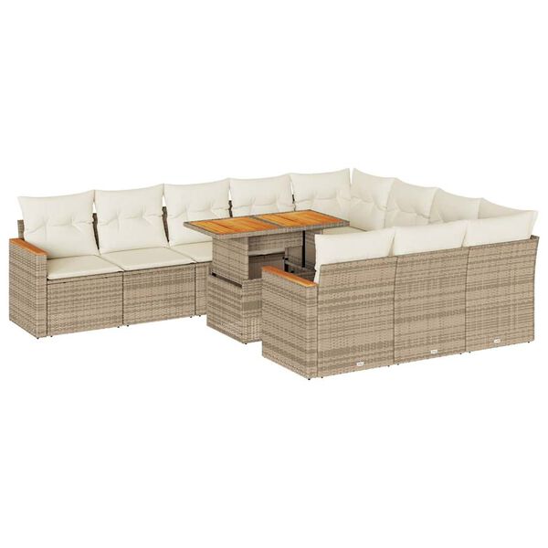 vidaXL 11-delige Tuinset met kussens poly rattan acacia beige