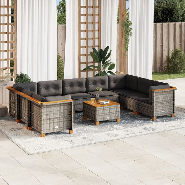 vidaXL 10-delige Loungeset met kussens poly rattan grijs