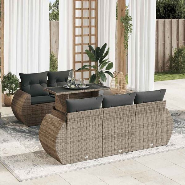 vidaXL 6-delige Loungeset met kussens poly rattan grijs