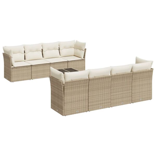 vidaXL 9-delige Loungeset met kussens poly rattan beige