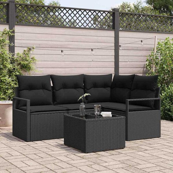 vidaXL Bankstel met kussen met opslag 5 pcs Zwart poly rattan