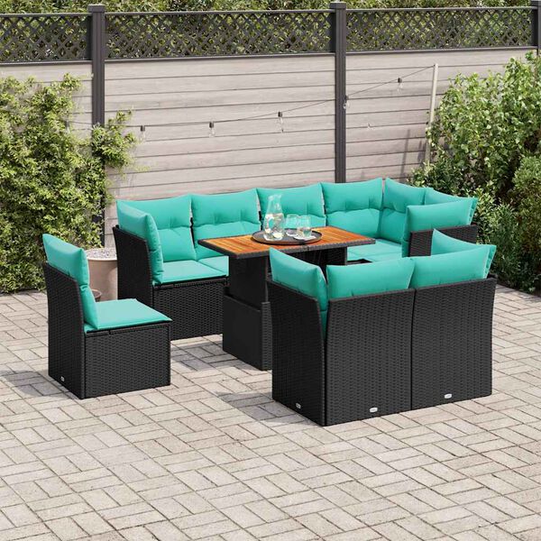 vidaXL 9-delige Loungeset met kussens poly rattan zwart