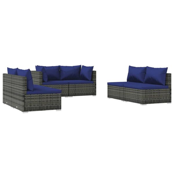 vidaXL 6-delige Loungeset met kussens poly rattan grijs