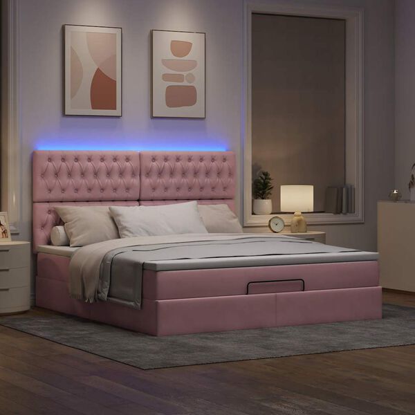 vidaXL Ottoman bed met matrassen en LED's 180x200cm fluweel roze