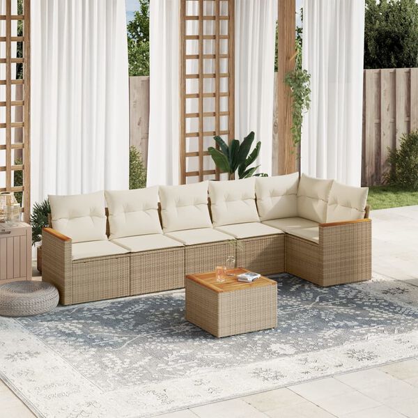 vidaXL 7-delige Loungeset met kussens poly rattan beige