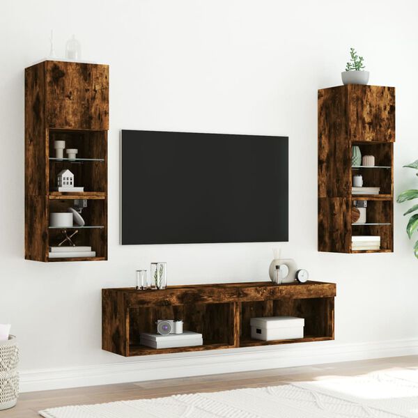 vidaXL 6-delige tv-wandmeubelset met LED bewerkt hout gerookt eiken