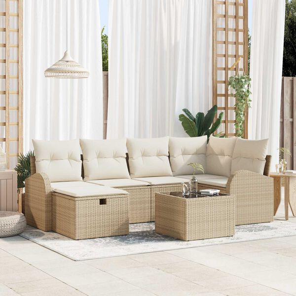 vidaXL Bankstel met kussen met opslag 7 pcs Beige en Cr&egrave;me poly rattan