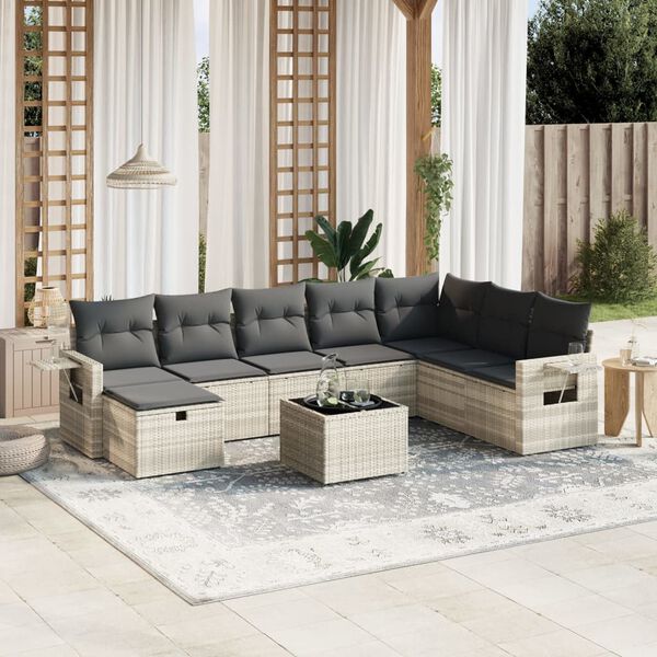 vidaXL 9-delige Loungeset met kussens poly rattan lichtgrijs