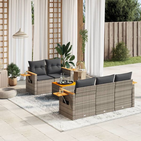 vidaXL 6-delige Loungeset met kussens poly rattan grijs