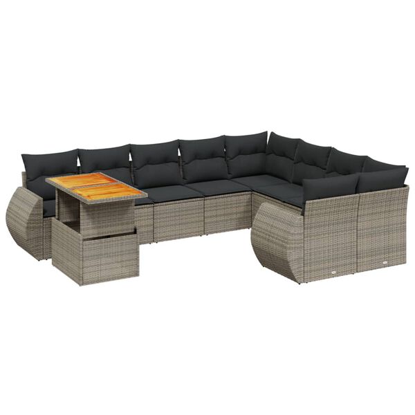 vidaXL 10-delige Loungeset met kussens poly rattan grijs