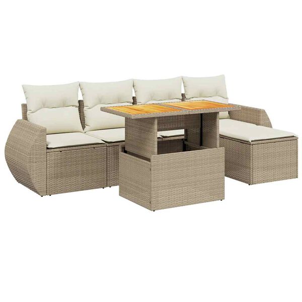 vidaXL 6-delige Loungeset met kussens poly rattan beige