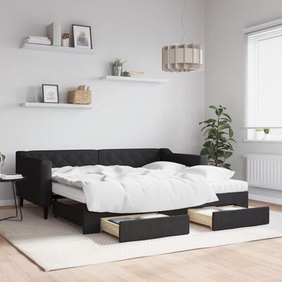 vidaXL Slaapbank met onderschuifbed en lades 90x190 cm stof zwart