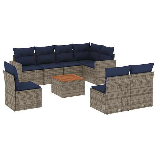 vidaXL 9-delige Loungeset met kussens poly rattan grijs