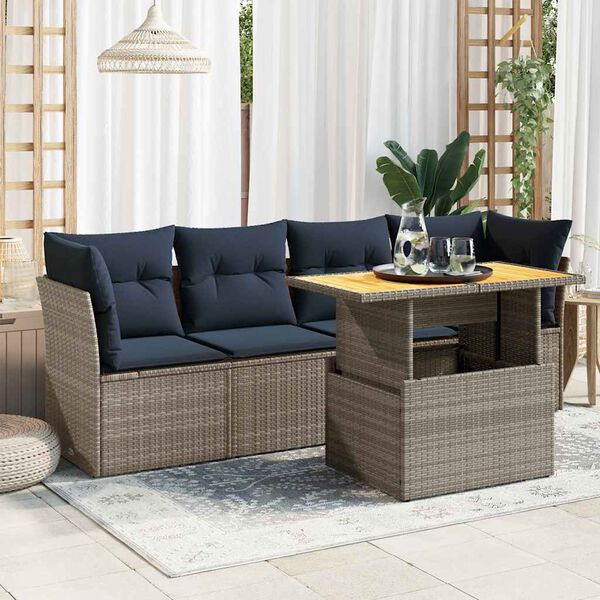vidaXL 5-delige Loungeset met kussens poly rattan grijs