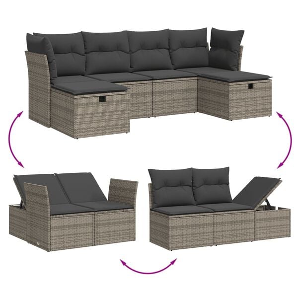 vidaXL 6-delige Loungeset met kussens poly rattan grijs