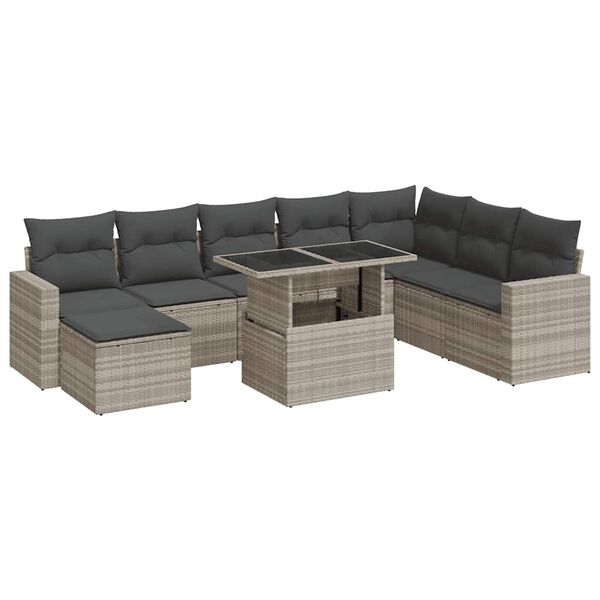 vidaXL 9-delige Loungeset met kussens poly rattan lichtgrijs