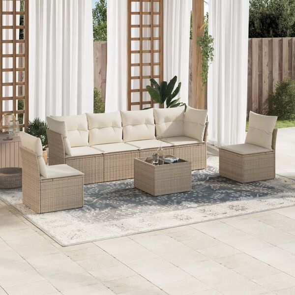 vidaXL 7-delige Loungeset met kussens poly rattan beige