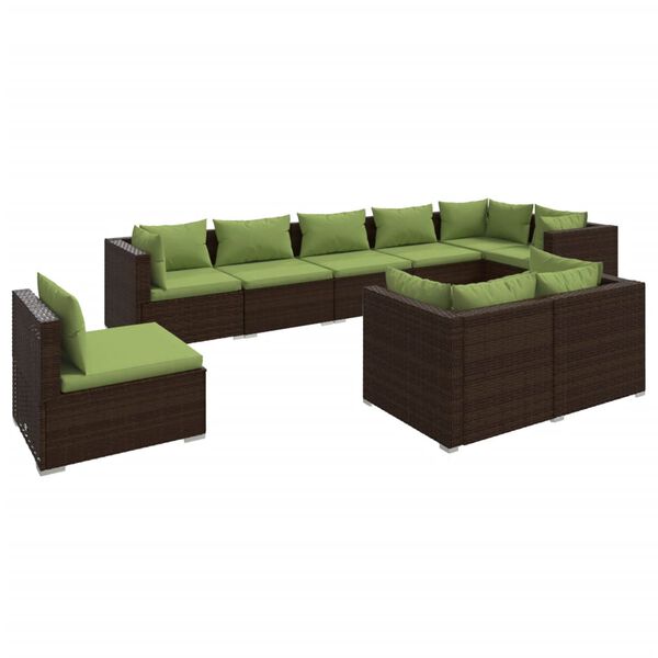 vidaXL 9-delige Loungeset met kussens poly rattan bruin