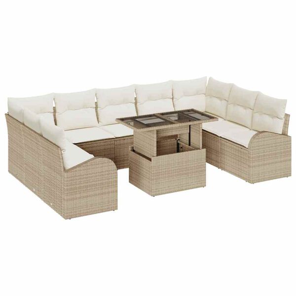 vidaXL Bankstel met kussen 10 pcs beige en cr&egrave;mekleurig poly rattan