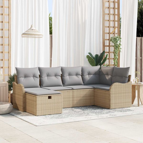 vidaXL Tuin Sofa Set met kussen met opslag 6 pcs Beige Poly riet