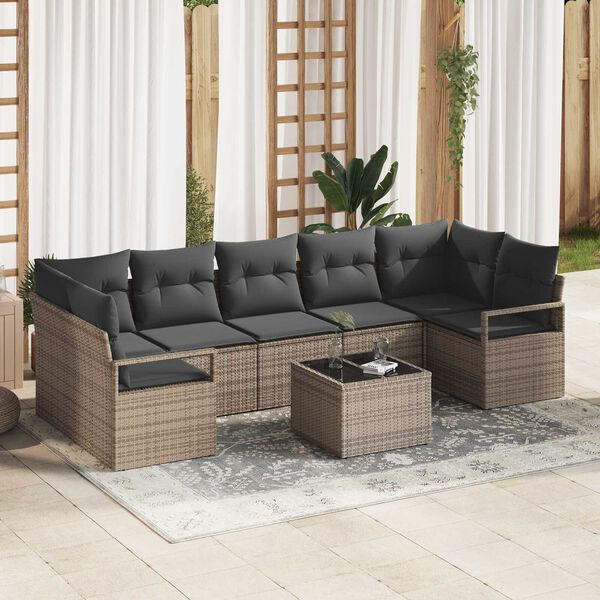 vidaXL Tuin Sofa Set met kussen 8 pcs Grijs Poly rattan, staal en glas