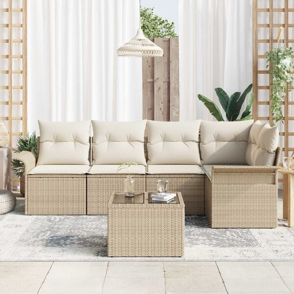 vidaXL Tuin Sofa Set met kussen met opslag 6 pcs Beige Poly riet
