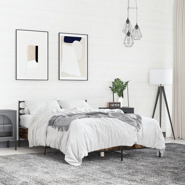 vidaXL Bedframe bewerkt hout metaal gerookt eikenkleurig 140x200 cm