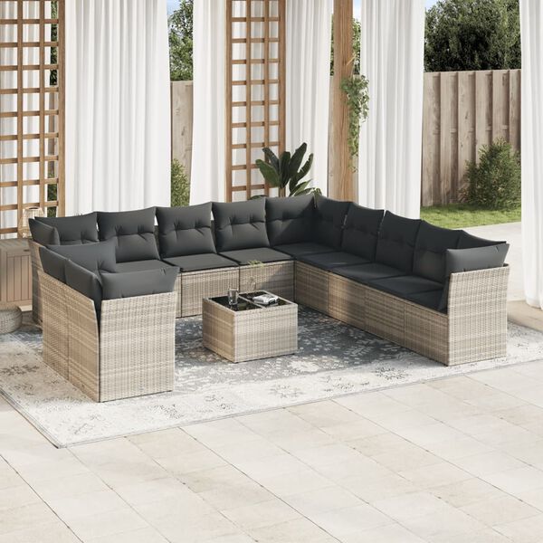 vidaXL 12-delige Loungeset met kussens poly rattan lichtgrijs