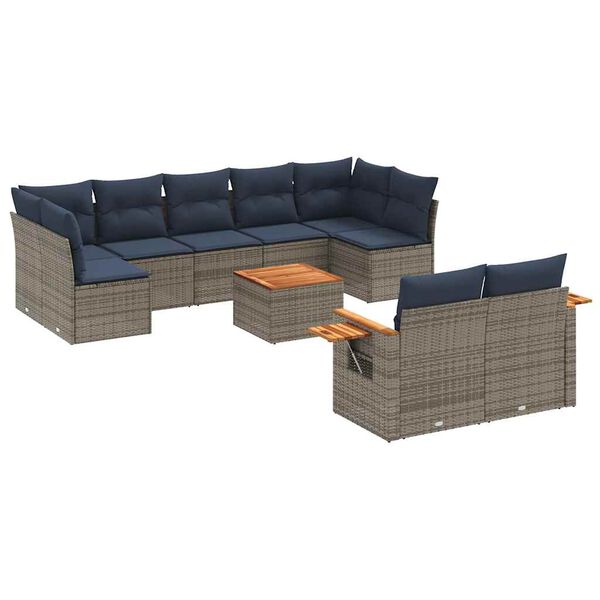vidaXL 10-delige Loungeset met kussens poly rattan grijs