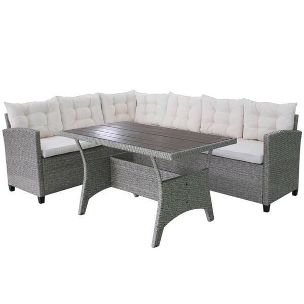 vidaXL 3-delige Loungeset met kussens poly rattan grijs