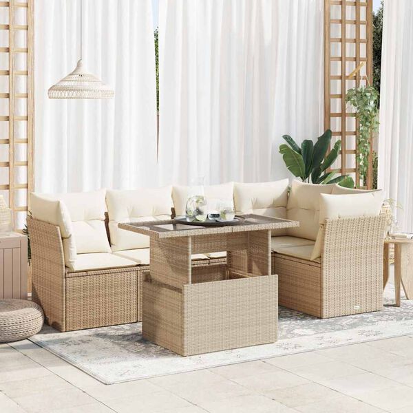 vidaXL 6-delige Loungeset met kussens poly rattan beige