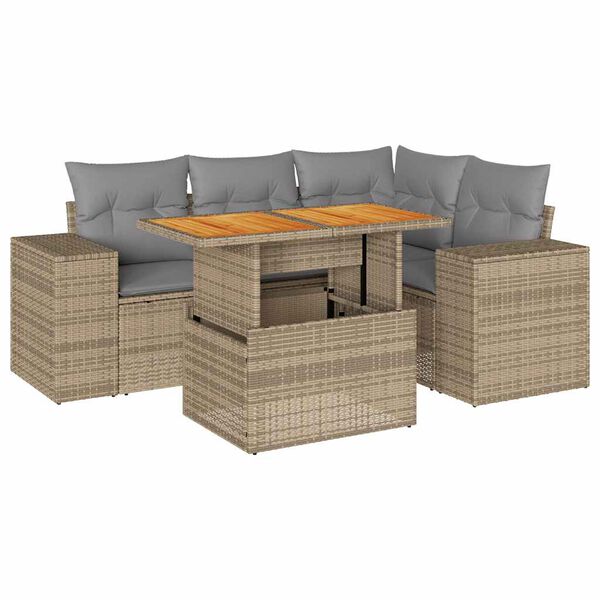 vidaXL 5-delige Loungeset met kussens poly rattan beige