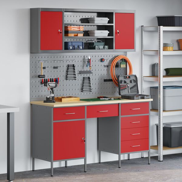 vidaXL Werk Cabinet met lade met opslag 7 pcs Rood 150 x 55 x 200 cm