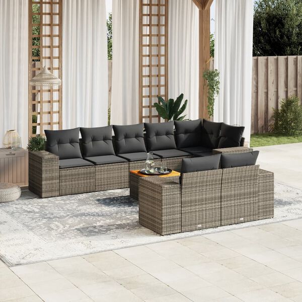 vidaXL 9-delige Loungeset met kussens poly rattan grijs