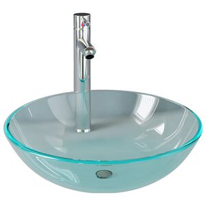 vidaXL Wastafel met kraan en pop-up afvoer gehard glas transparant