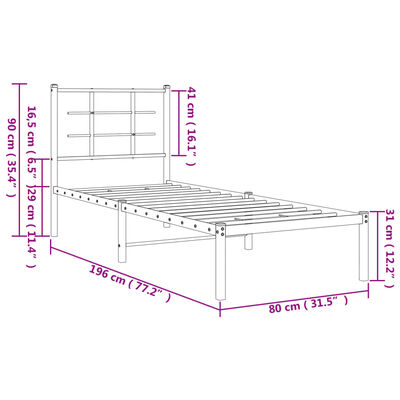 vidaXL Bedframe met hoofdbord zonder matras metaal wit 75x190 cm