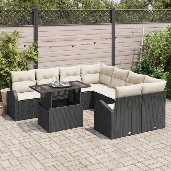 vidaXL Tuin Sofa Set met kussen met opslag 9 pcs Zwart Poly Rattan