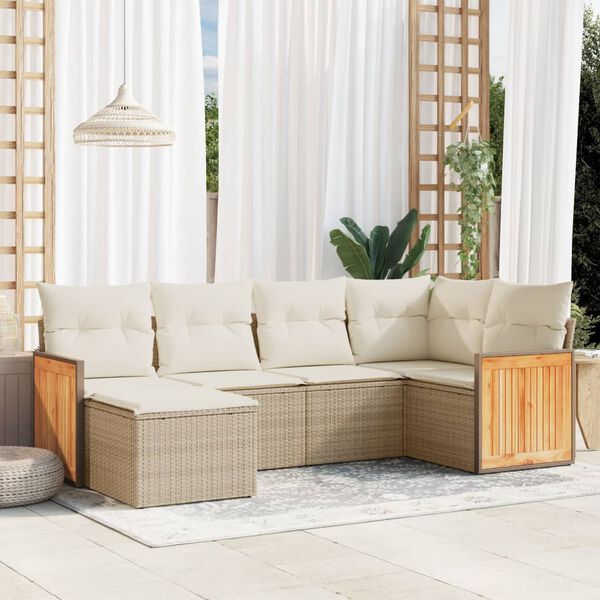 vidaXL 6-delige Loungeset met kussens poly rattan beige