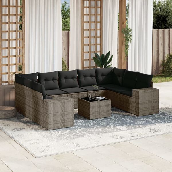 vidaXL 10-delige Loungeset met kussens poly rattan grijs