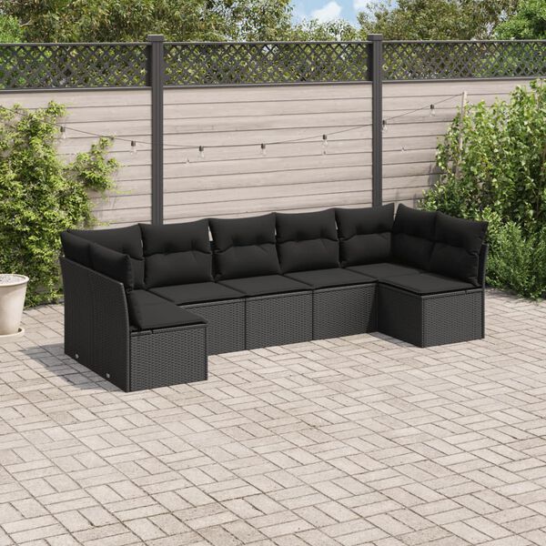 vidaXL 7-delige Loungeset met kussens poly rattan zwart