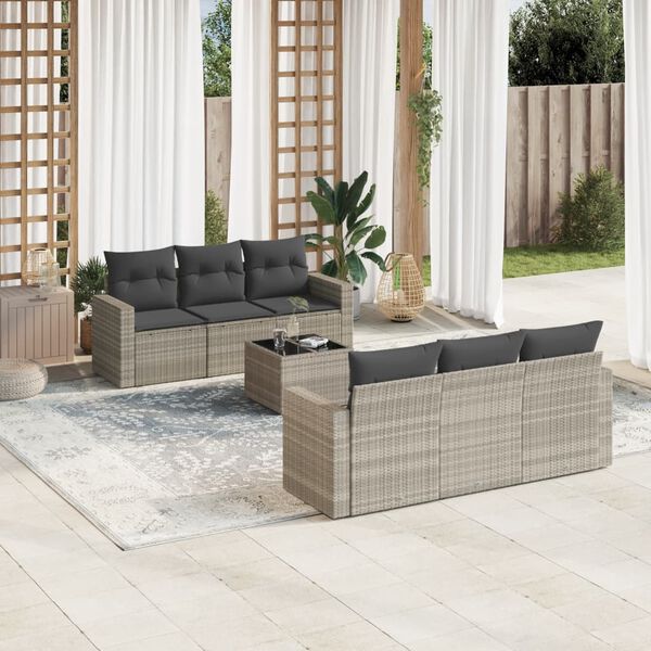 vidaXL 7-delige Loungeset met kussens poly rattan lichtgrijs
