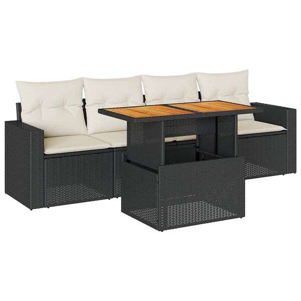 vidaXL 5-delige Loungeset met kussens poly rattan zwart