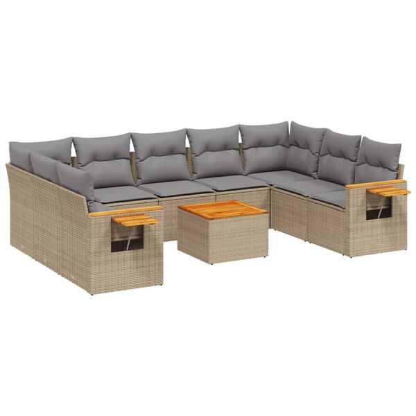 vidaXL 10-delige Loungeset met kussens poly rattan beige