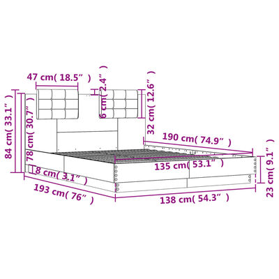 vidaXL Bedframe met hoofdeinde grijs sonoma eiken 135x190 cm