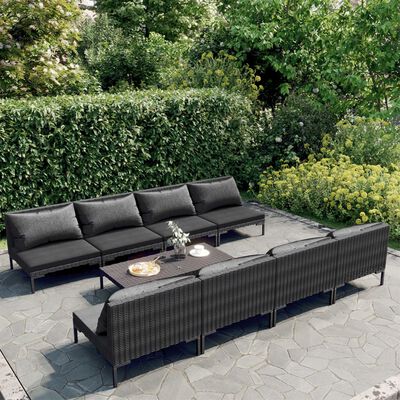 vidaXL 9-delige Loungeset met kussens poly rattan donkergrijs