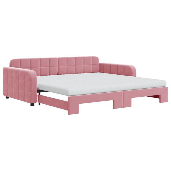 vidaXL Slaapbank onderschuifbed en matrassen 100x200 cm fluweel roze