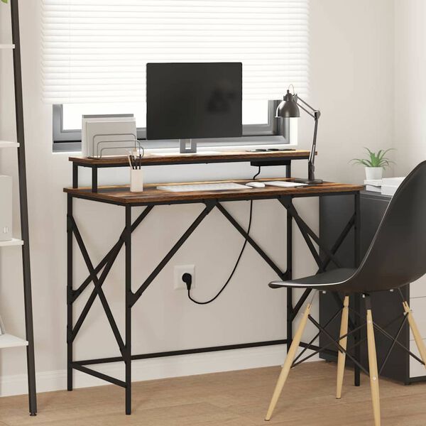 vidaXL Bureau met plank Gerookt eiken 100 x 50 x 86,5 cm Bewerkt hout