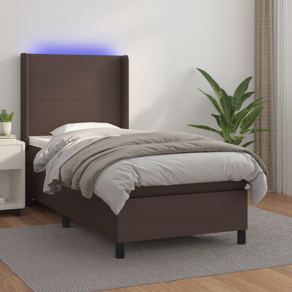 vidaXL Boxspring met matras en LED kunstleer bruin 90x200 cm