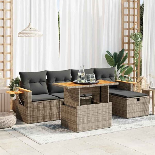 vidaXL 6-delige Loungeset met kussens poly rattan grijs