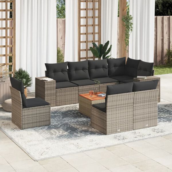 vidaXL 9-delige Loungeset met kussens poly rattan grijs